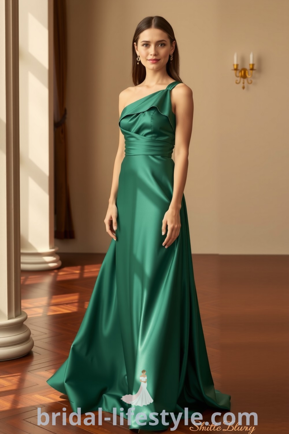One-shoulder emerald bridesmaid dress made of luxurious satin, featuring a flowing skirt and fitted bodice with subtle draping. Ideal for elegant wedding celebrations, this dress showcases modern trends and aesthetic ideas for every bride