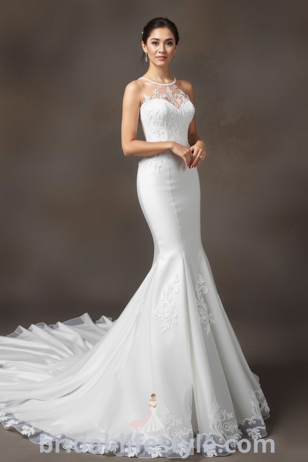 Elegant mermaid wedding dress with a fitted satin bodice, lace appliqués, and a detachable tulle skirt featuring a flowing train, perfect for every bride