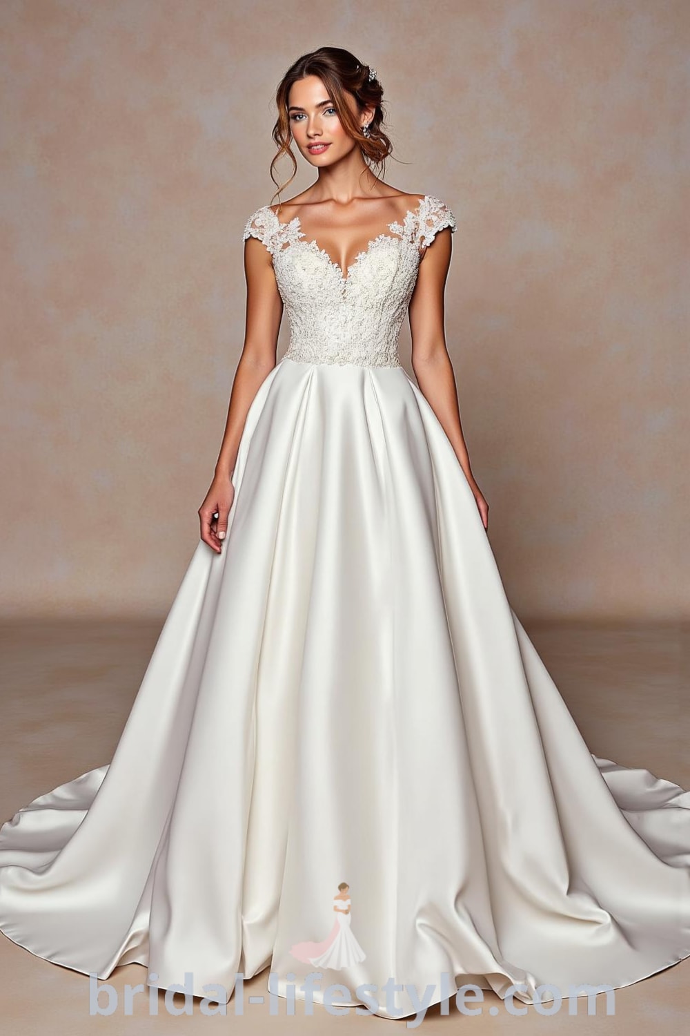 Elegant Princess Tail wedding dress with luxurious satin skirt, intricately adorned lace appliqués, delicate beading, unembellished neckline, cap sleeves, and a flowing train. bridal-lifestyle.com