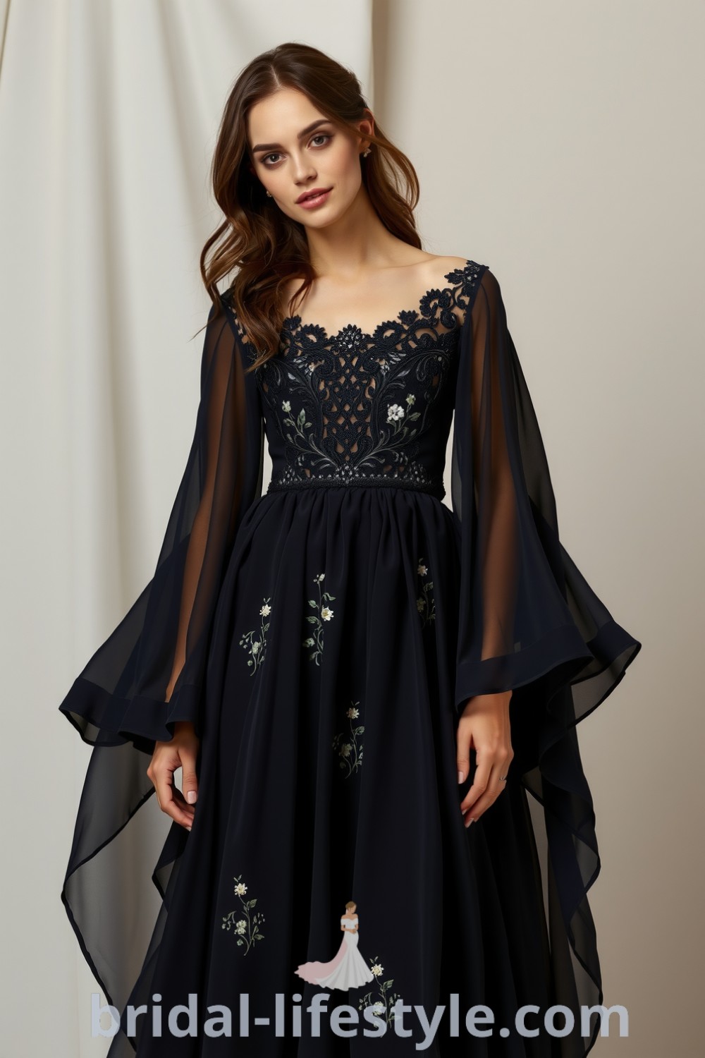 Boho black wedding dress with flowing chiffon layers, intricate lace bodice, billowing sleeves, and floral embroidery, ideal for a whimsical celebration. bridal-lifestyle.com