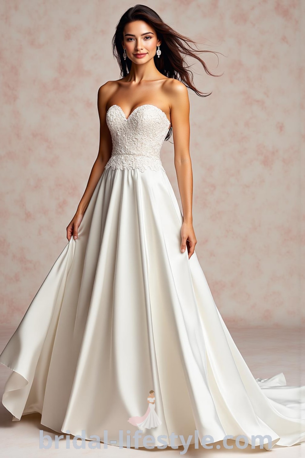 Elegant strapless A-line wedding dress made of luxurious satin with intricate lace appliqués on the bodice, flowing skirt creating graceful movement. bridal-lifestyle.com