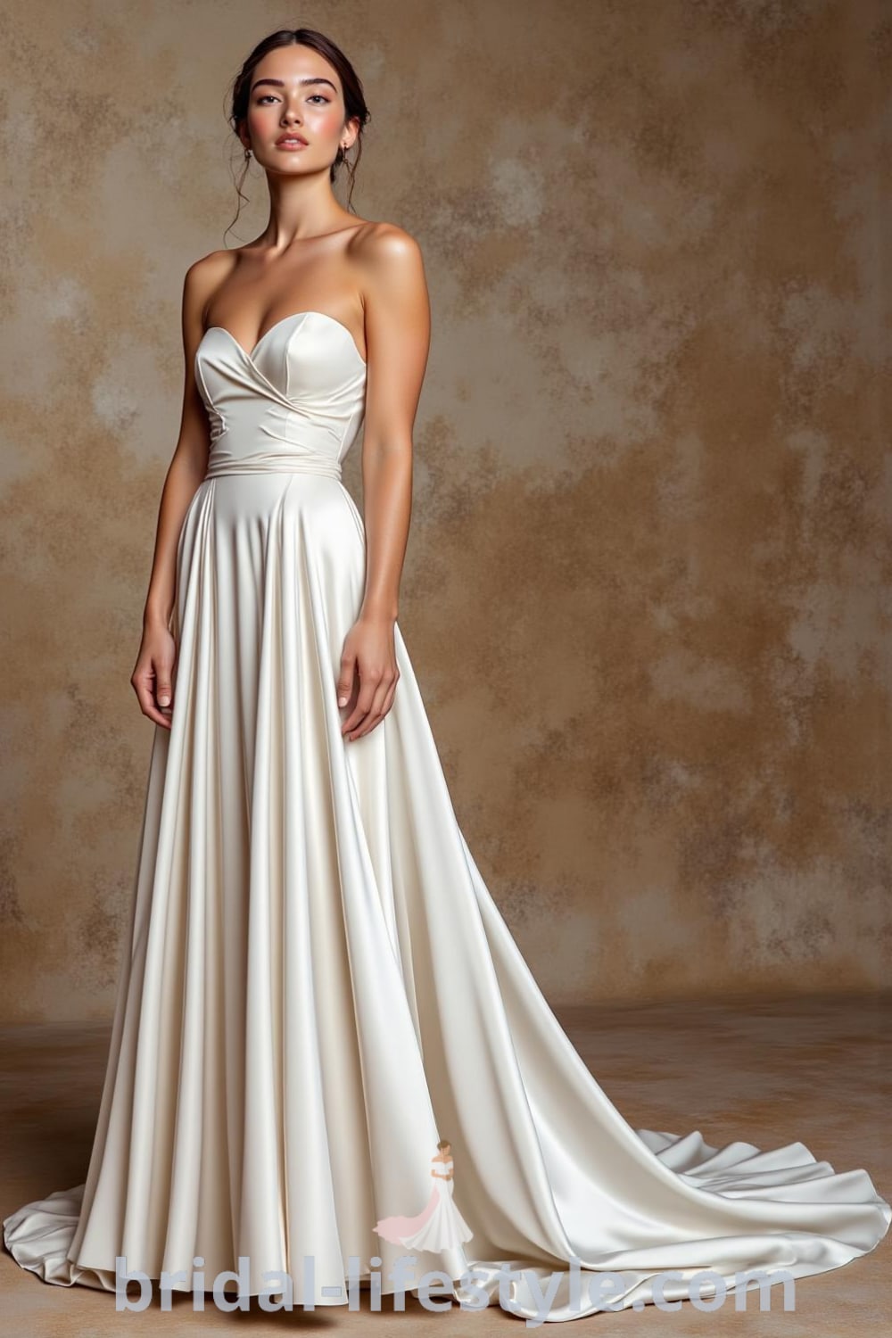 Sleek satin strapless wedding dress with a refined neckline, flowing silhouette, and a subtle train, designed to enhance the bride