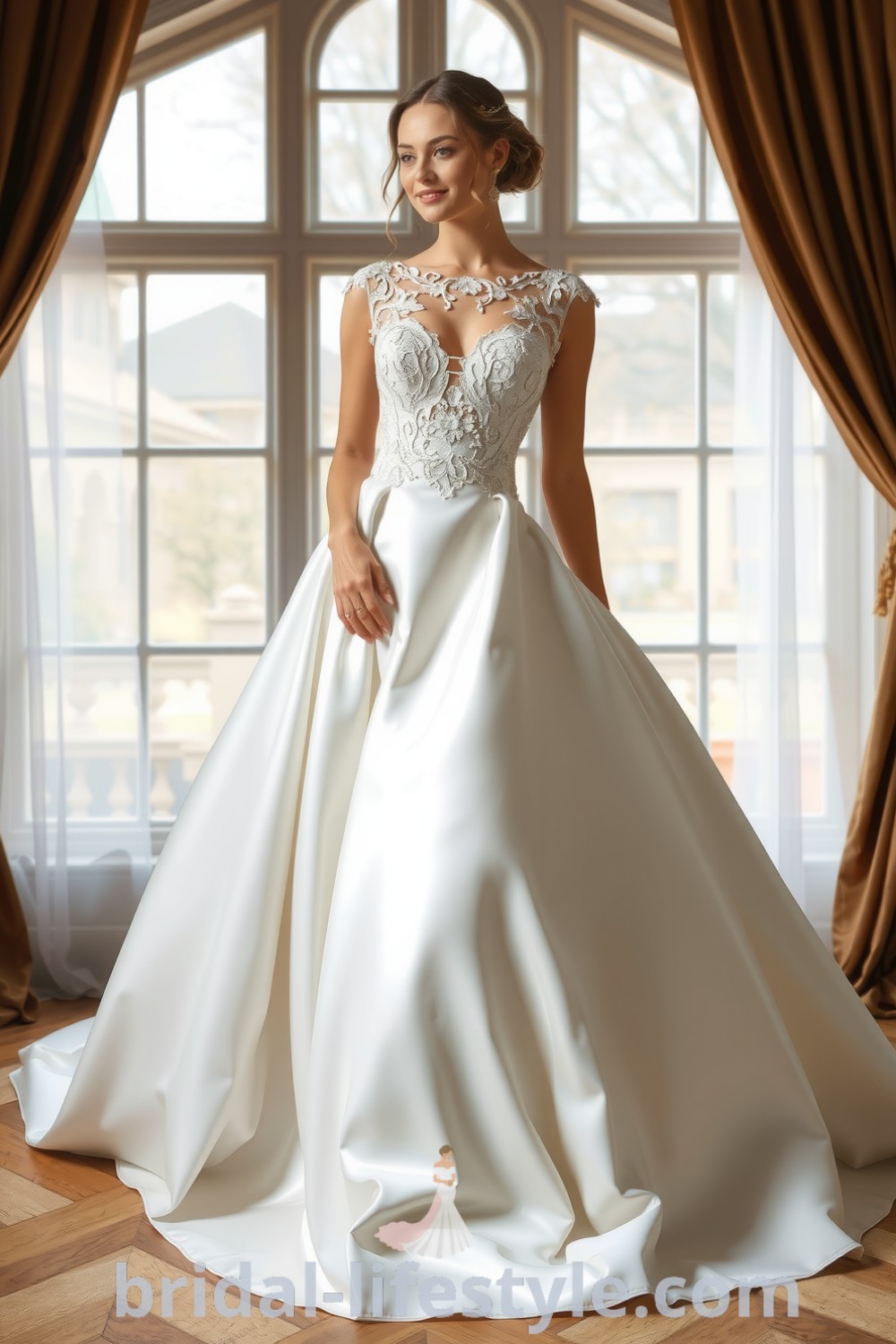 Elegant princess-style wedding dress made of luxurious satin with a fitted lace-adorned bodice and a layered tulle skirt, capturing light beautifully for dreamy brides. bridal-lifestyle.com