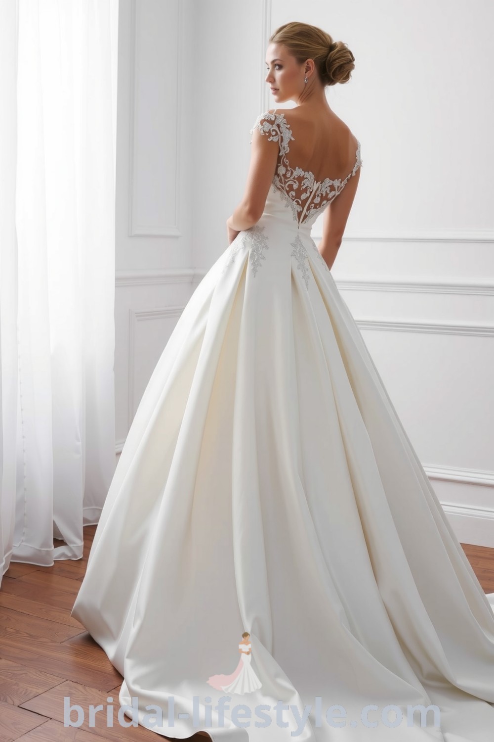 Elegant princess-style wedding dress featuring luxurious satin, lace appliqués on the sweetheart neckline, full skirt, and corseted back, perfect inspiration for dreamy brides and their special day. bridal-lifestyle.com