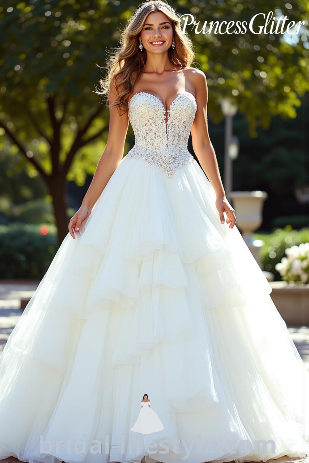 A stunning Princess Glitter wedding dress with a fitted bodice decorated with lace appliqués and beads, complemented by a full tulle skirt. bridal-lifestyle.com