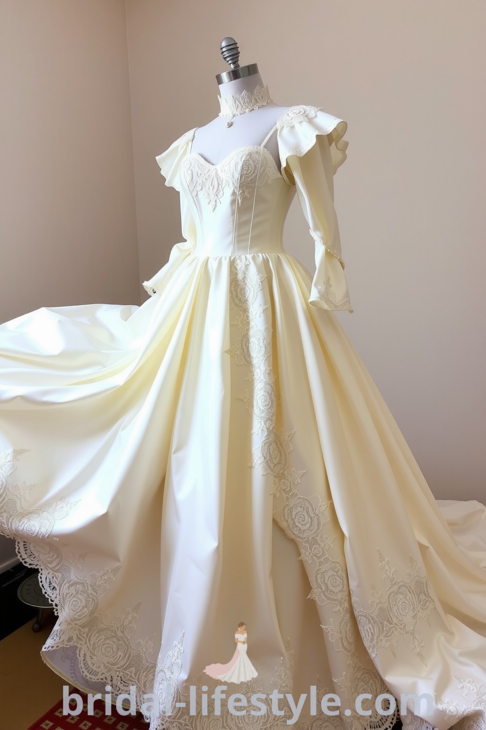 A stunning vintage Victorian wedding dress featuring layers of ivory satin and lace, with a corset bodice, full skirt, floral embroidery, and pearl accents, ideal for elegant and dreamy brides. bridal-lifestyle.com