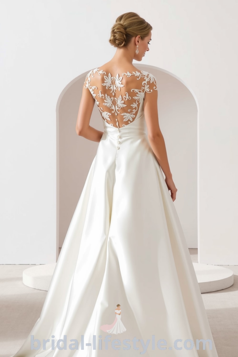 A-line wedding dress with sweetheart neckline, intricate lace appliqués, flowing satin skirt, and delicate buttons on the back. bridal-lifestyle.com