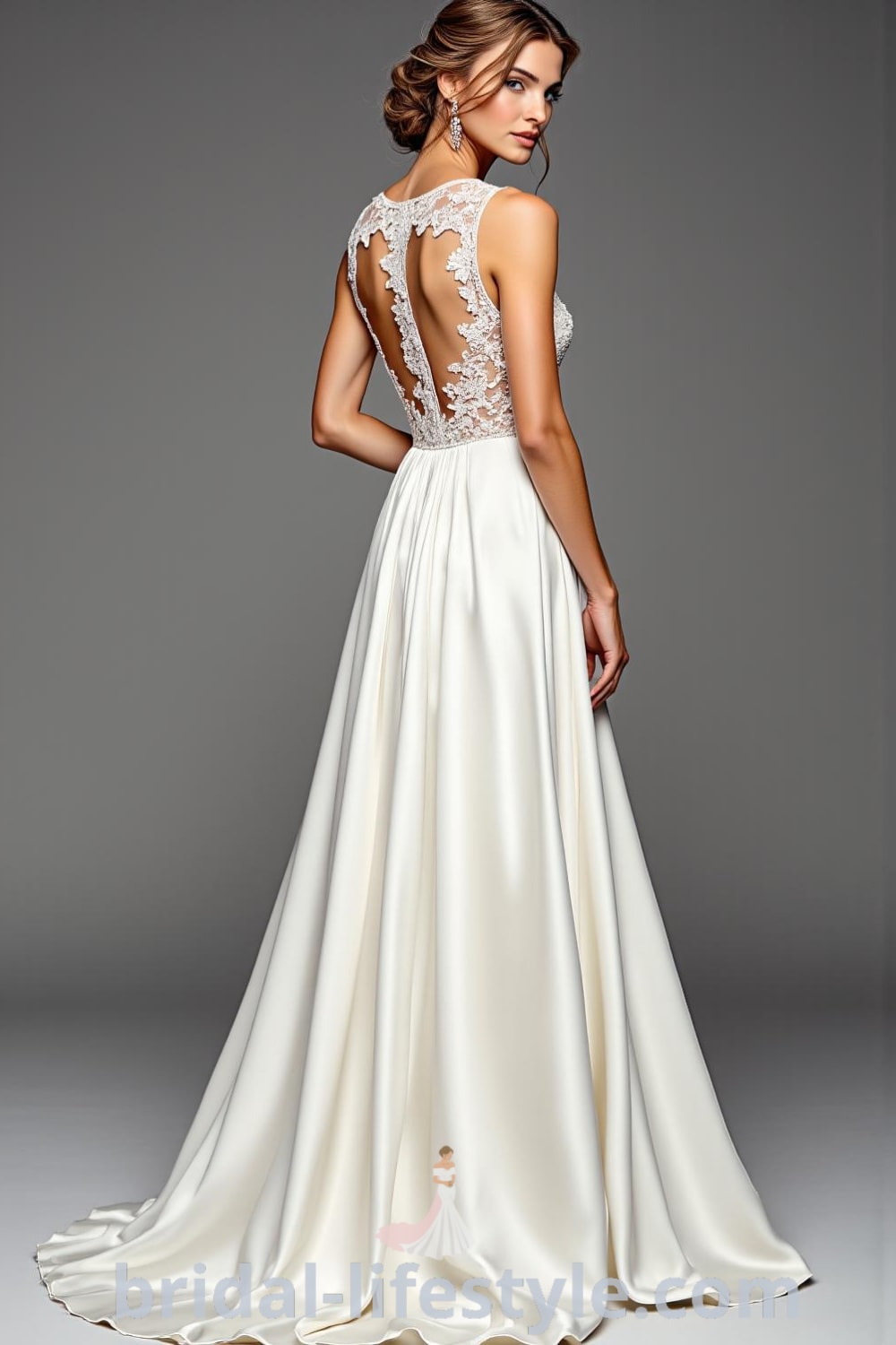 A-line satin wedding dress with a flowing skirt, intricate lace neckline, and a delicate row of buttons at the back, embodying timeless elegance. bridal-lifestyle.com