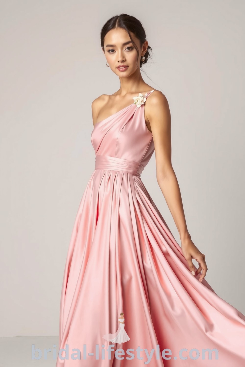 Elegant one-shoulder pink bridesmaid dress made of flowing satin with an asymmetrical neckline, soft pleats, and floral appliqués for a romantic touch. bridal-lifestyle.com