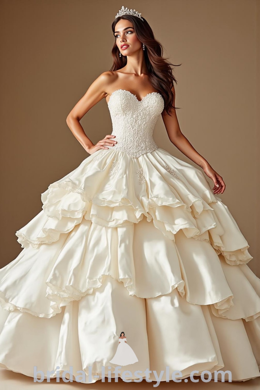 A stunning princess ballgown with layers of luxurious satin, sweetheart neckline with lace detailing, voluminous skirt, and an exquisite bow at the back. bridal-lifestyle.com