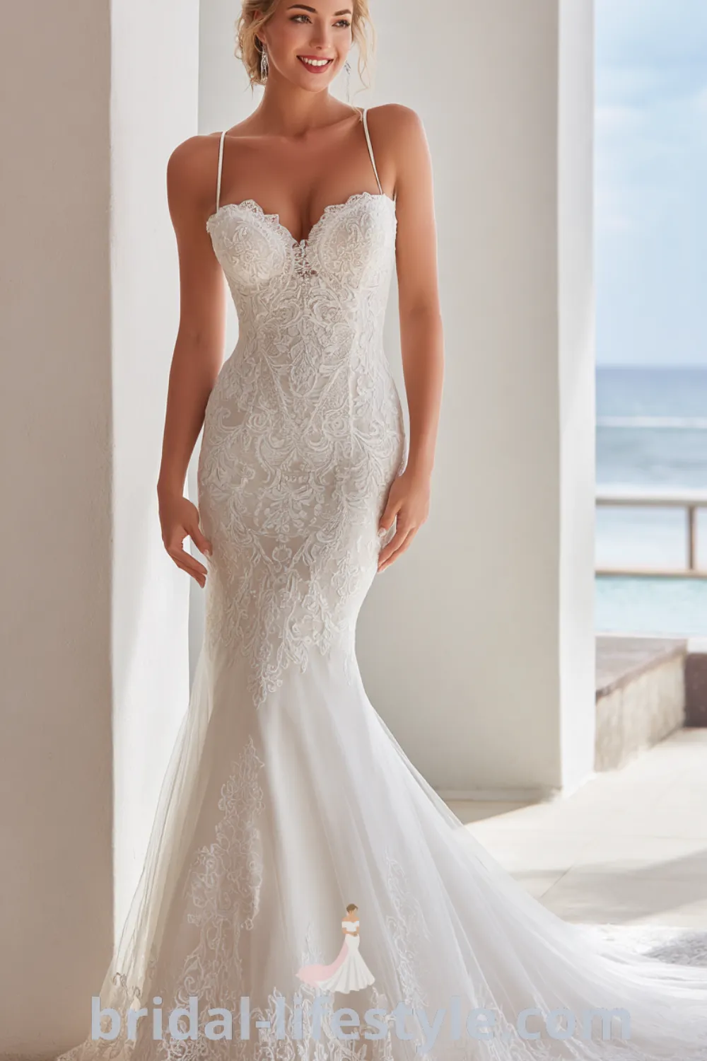 Mermaid lace wedding dress with sweetheart neckline, fitted lace bridal gown, romantic lace gown, scalloped lace hem.