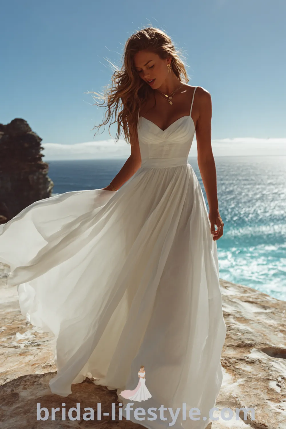 Coastal boho wedding dress with A-line silhouette, airy beach wedding dress, clifftop wedding view, minimalist jewelry beach.