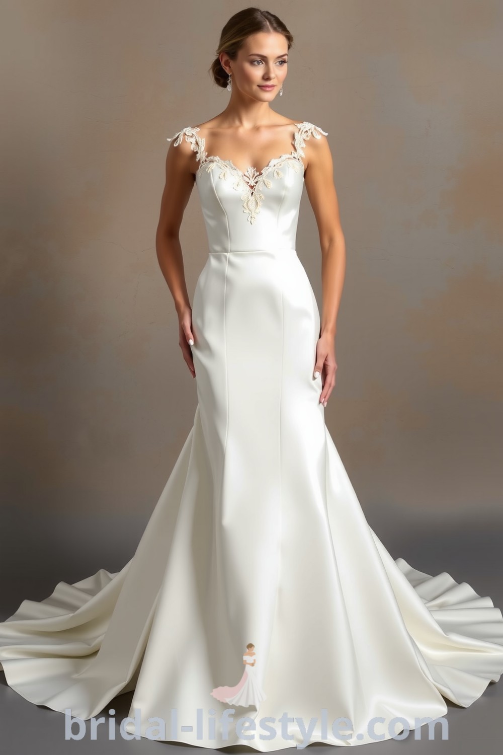 Elegant fit and flare wedding dress made of luxurious satin with lace appliqués at the sweetheart neckline and train, creating a stunning silhouette perfect for the special day. bridal-lifestyle.com