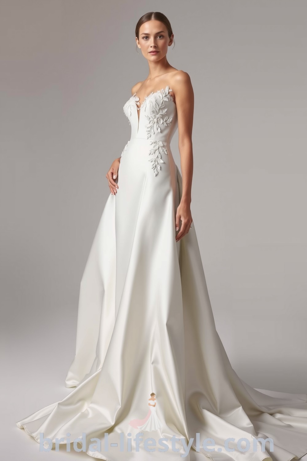 Fit and flare wedding dress made of soft satin with lace appliqués on the bodice and a gently flaring skirt, embodying elegance and sophistication. bridal-lifestyle.com