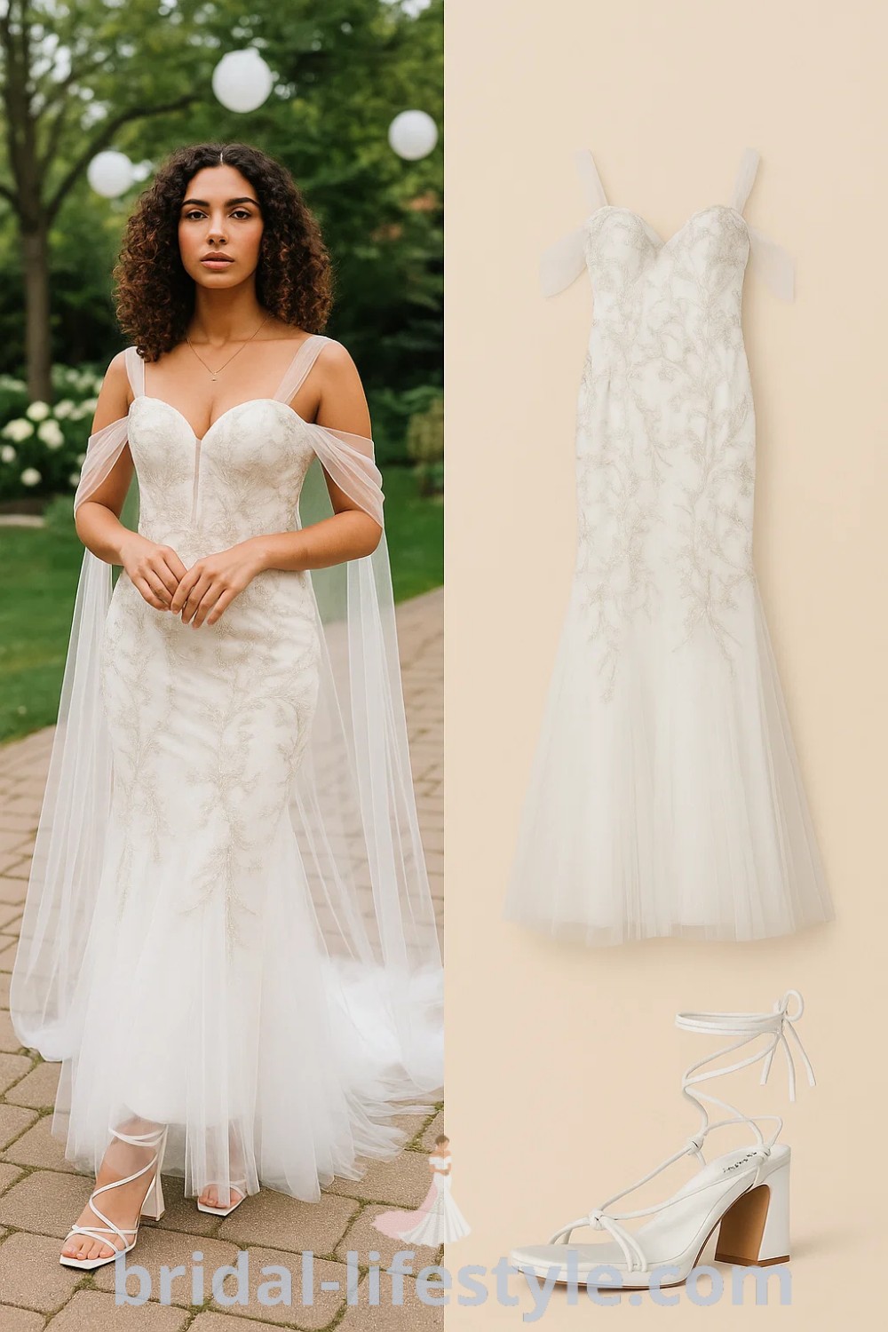 Mermaid Tail wedding dress in white with a fitted silhouette and tulle overlay, complemented by strappy white high-heeled sandals, perfect for weddings and formal occasions. Discover more styles at pinshoesoutfits.com.