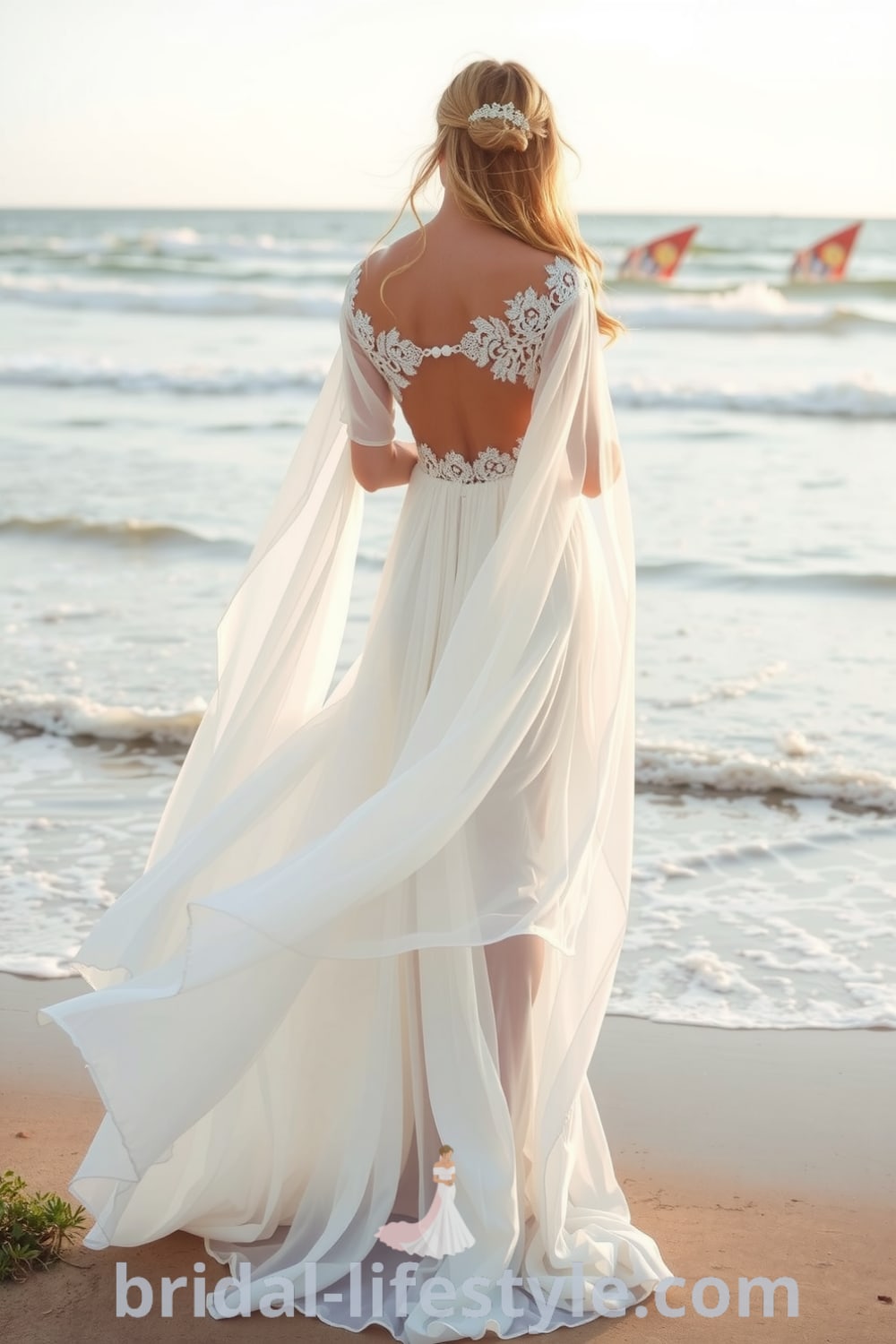 Boho beach wedding dress with flowing chiffon layers, off-the-shoulder design, and intricate lace detailing, perfect for a romantic shoreline celebration. bridal-lifestyle.com