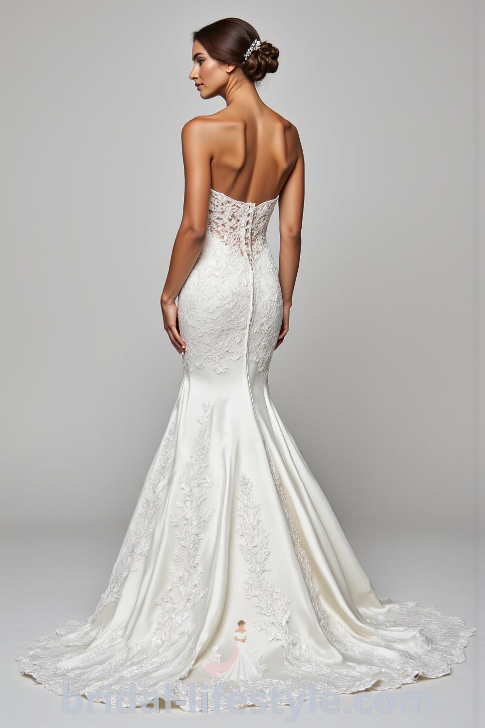Mermaid wedding dress with strapless sweetheart neckline, luxurious satin fabric, intricate lace appliqués, and a delicate row of buttons at the back. bridal-lifestyle.com