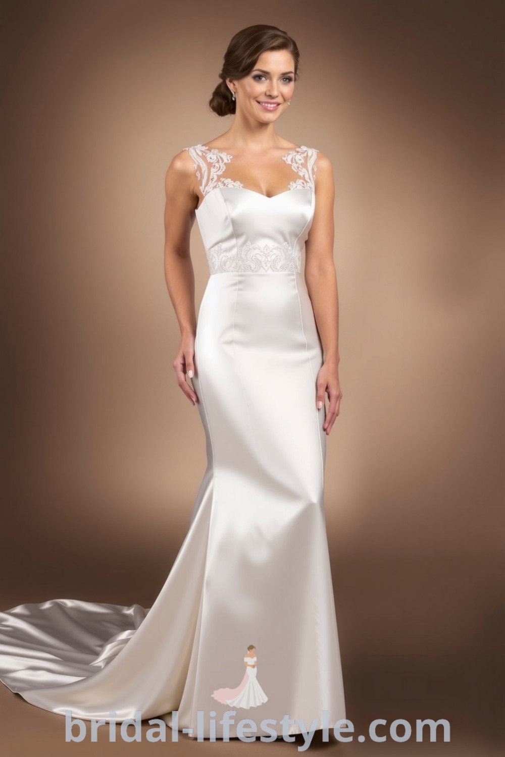 Elegant fit and flare satin wedding dress with lace panels, featuring a sleek silhouette and flowing train, perfect for dreamy brides on their special day. bridal-lifestyle.com