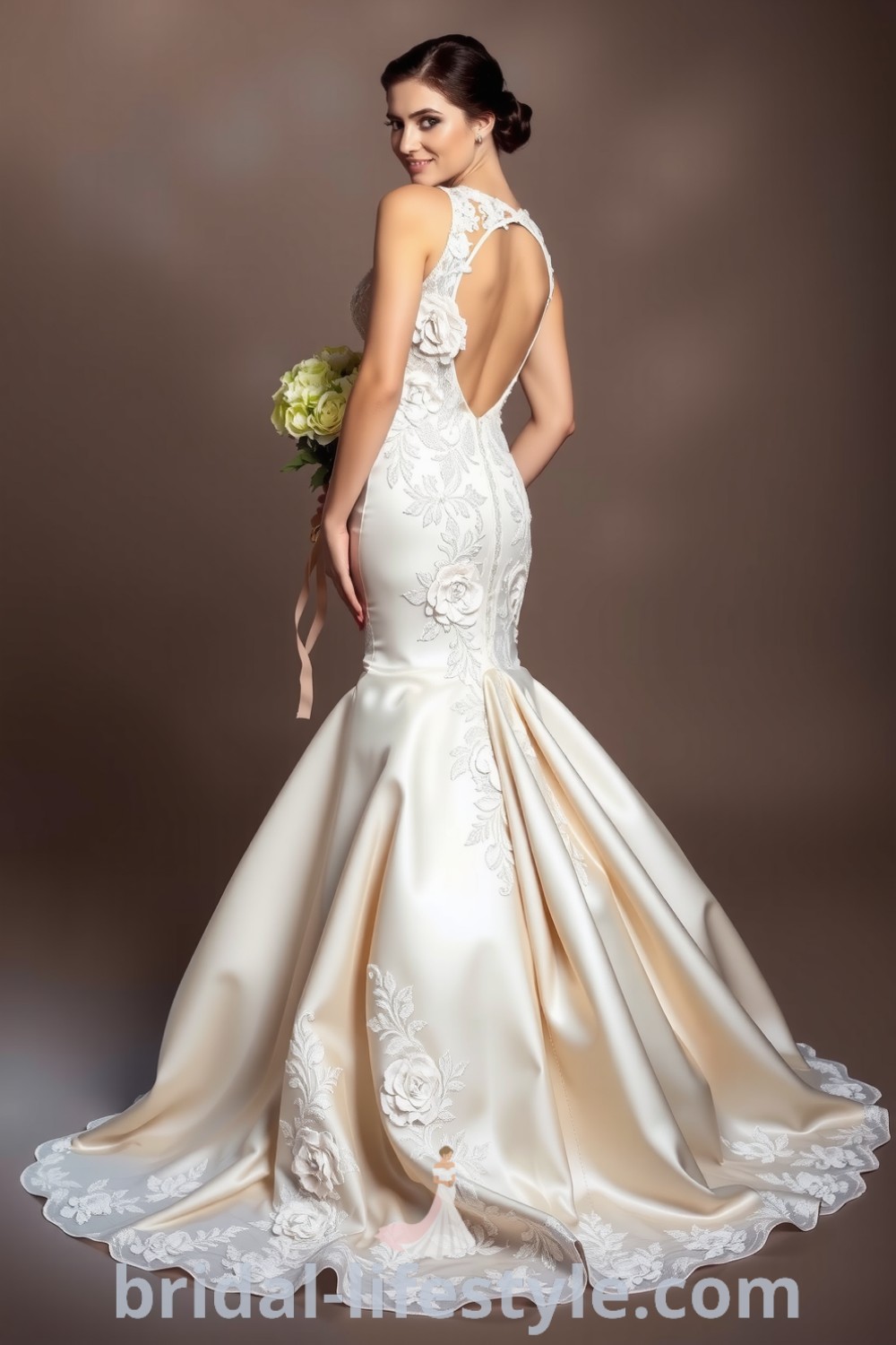 Elegant mermaid wedding dress with open back and floral lace appliqués, featuring a flattering silhouette and luxurious train, ideal for dreamy brides seeking inspiration for their special day. bridal-lifestyle.com