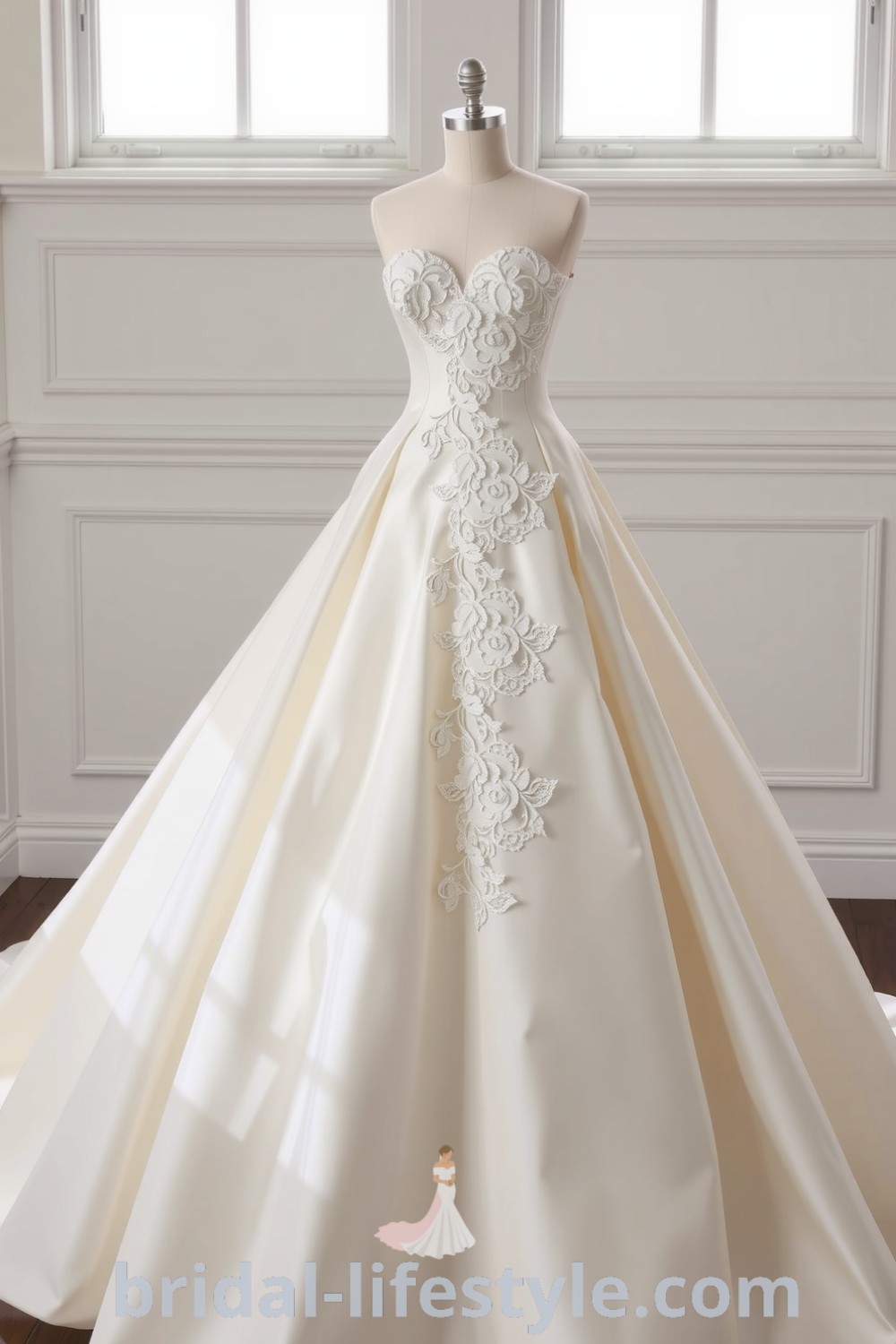 Elegant princess-style wedding dress made of soft satin, featuring a sweetheart neckline with lace appliqués, a structured ball gown silhouette, and a voluminous skirt, embodying romantic inspiration for every bride