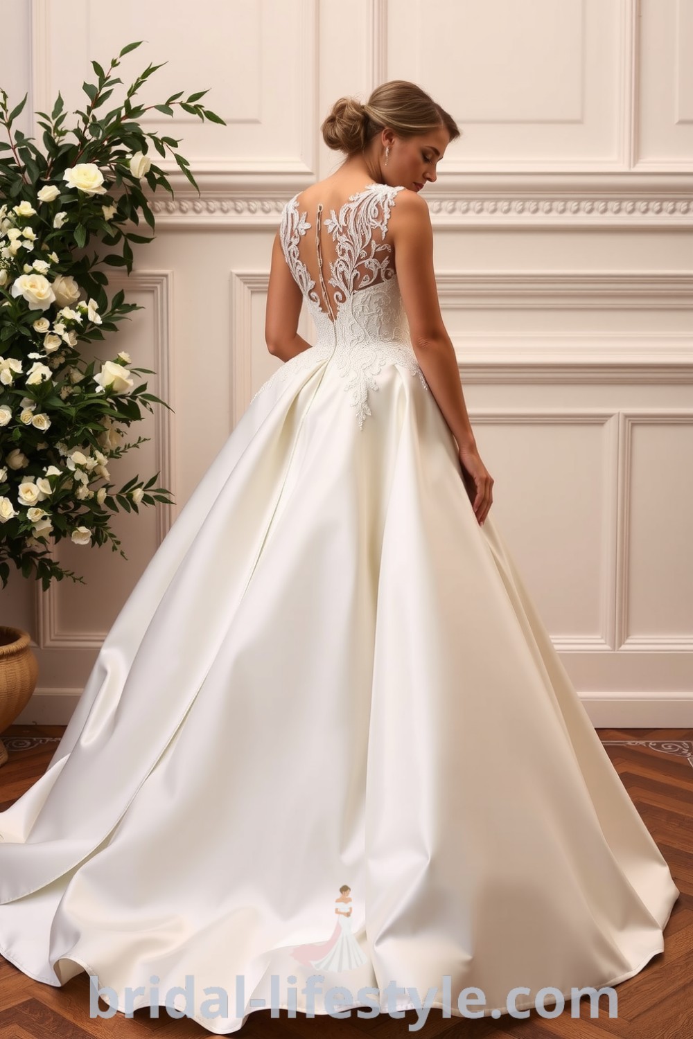 Stunning princess-style wedding dress with fitted lace bodice and voluminous satin skirt, showcasing layers and elegant details for dreamy brides. bridal-lifestyle.com