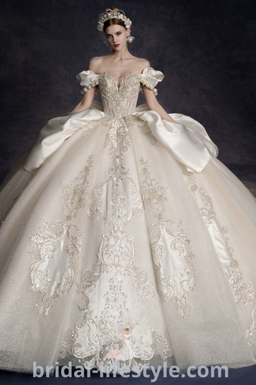 A luxurious wedding dress with white flowers, perfect for dreamy brides looking for elegant styles. This stunning gown is ideal for wedding masquerades and cocktail parties, showcasing the best bridal trends and aesthetic ideas for the special day. Discover more inspiration and dresses at bridal-lifestyle.com.
