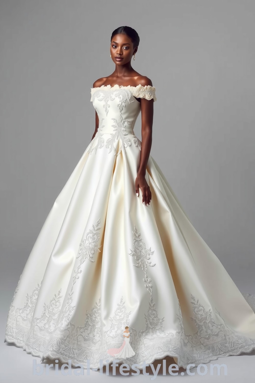 Elegant ballgown for Black bride made of luxurious satin with embroidered lace appliqués and cascading ruffles, featuring an off-shoulder neckline, embodying timeless beauty for the special day. bridal-lifestyle.com