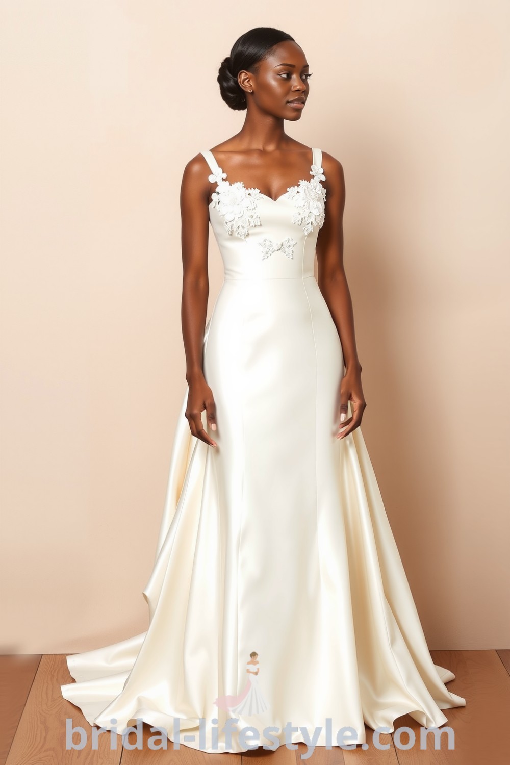 Fit and flare wedding dress with a square neckline, crafted from luxurious satin with lace appliqués, and an elegant silhouette for dreamy brides. bridal-lifestyle.com