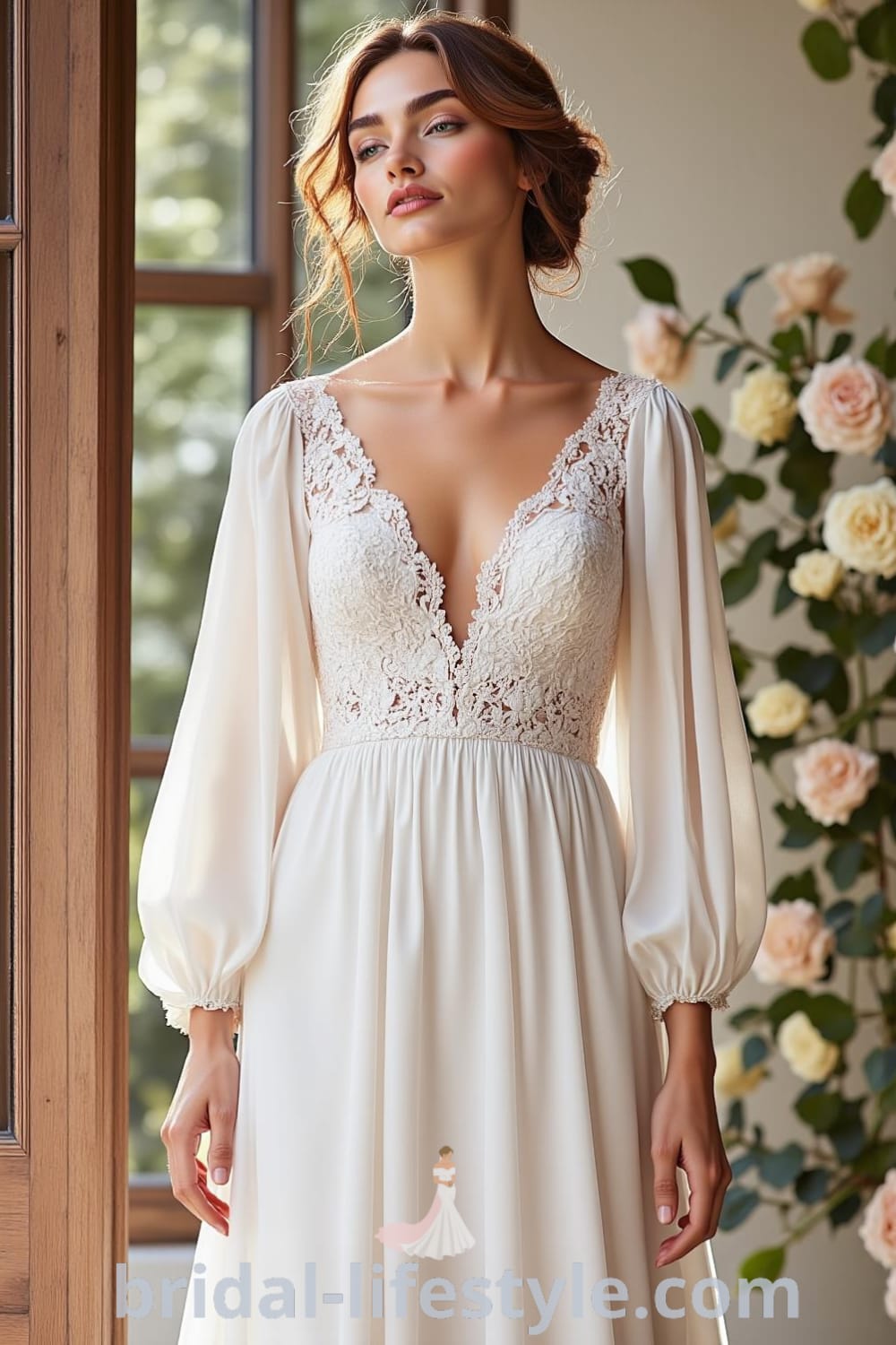 A-line wedding dress with chiffon long sleeves, lace detailing on the bodice, soft V-neckline, and a flowing skirt that captures light beautifully. bridal-lifestyle.com