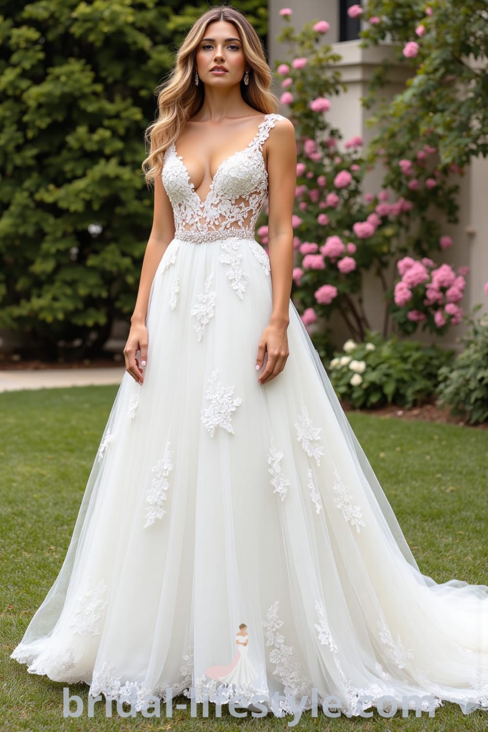 Elegant A-line wedding dress with a refined V-neckline, crafted from satin and organza, featuring pearl embellishments at the waist. bridal-lifestyle.com