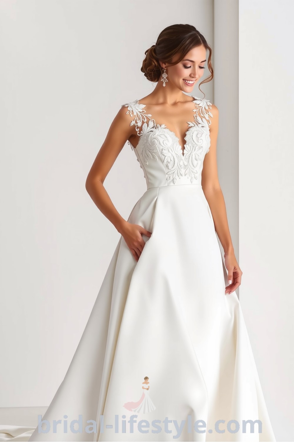Fit and flare wedding dress with luxurious satin fabric, intricate lace appliqués, flattering V-neckline, and playful train. bridal-lifestyle.com