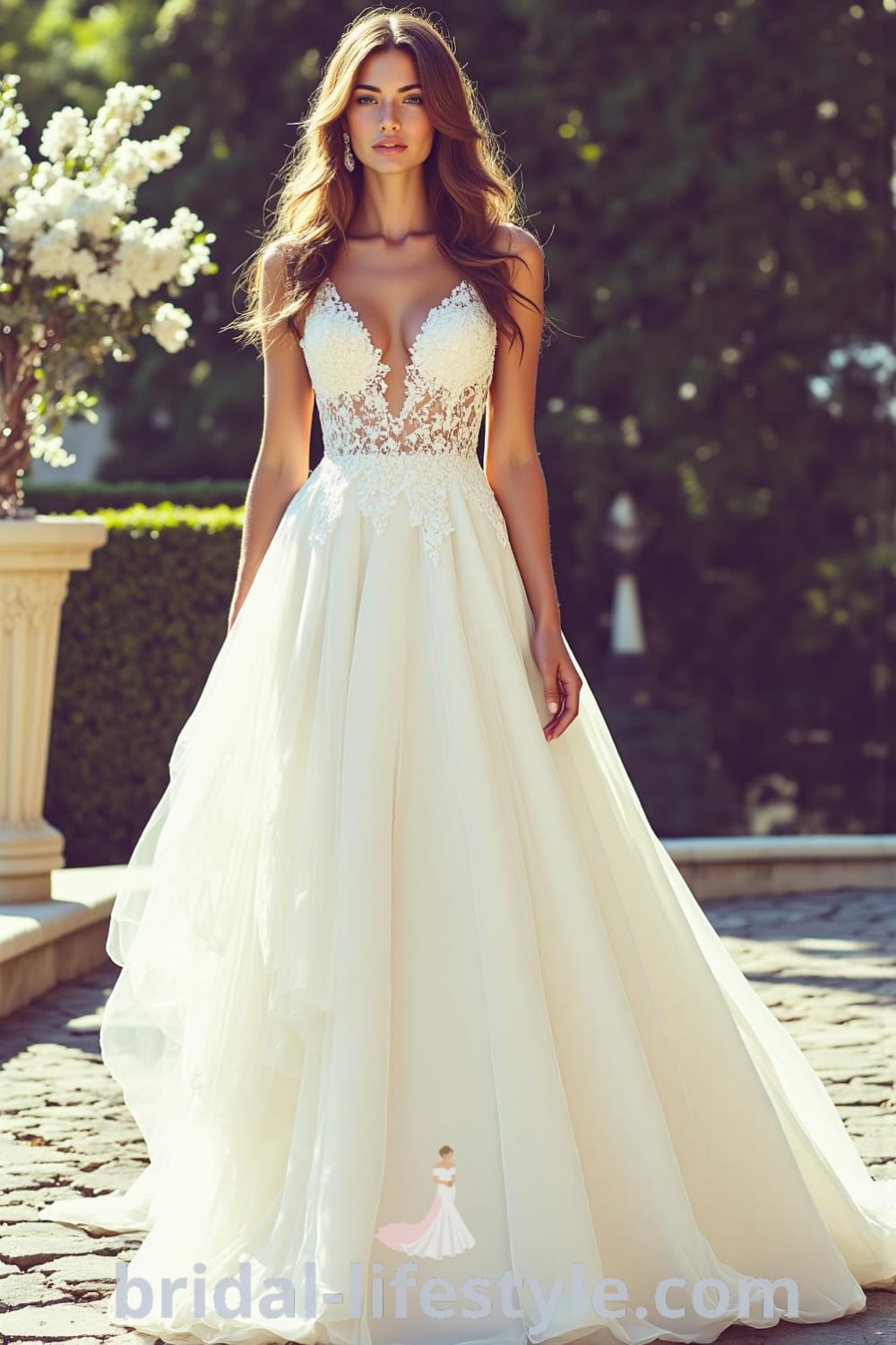 A-line wedding dress made of satin and lace, featuring a V-neckline, flowing skirt, intricate floral lace appliqués, and a delicate lace back with button details. bridal-lifestyle.com