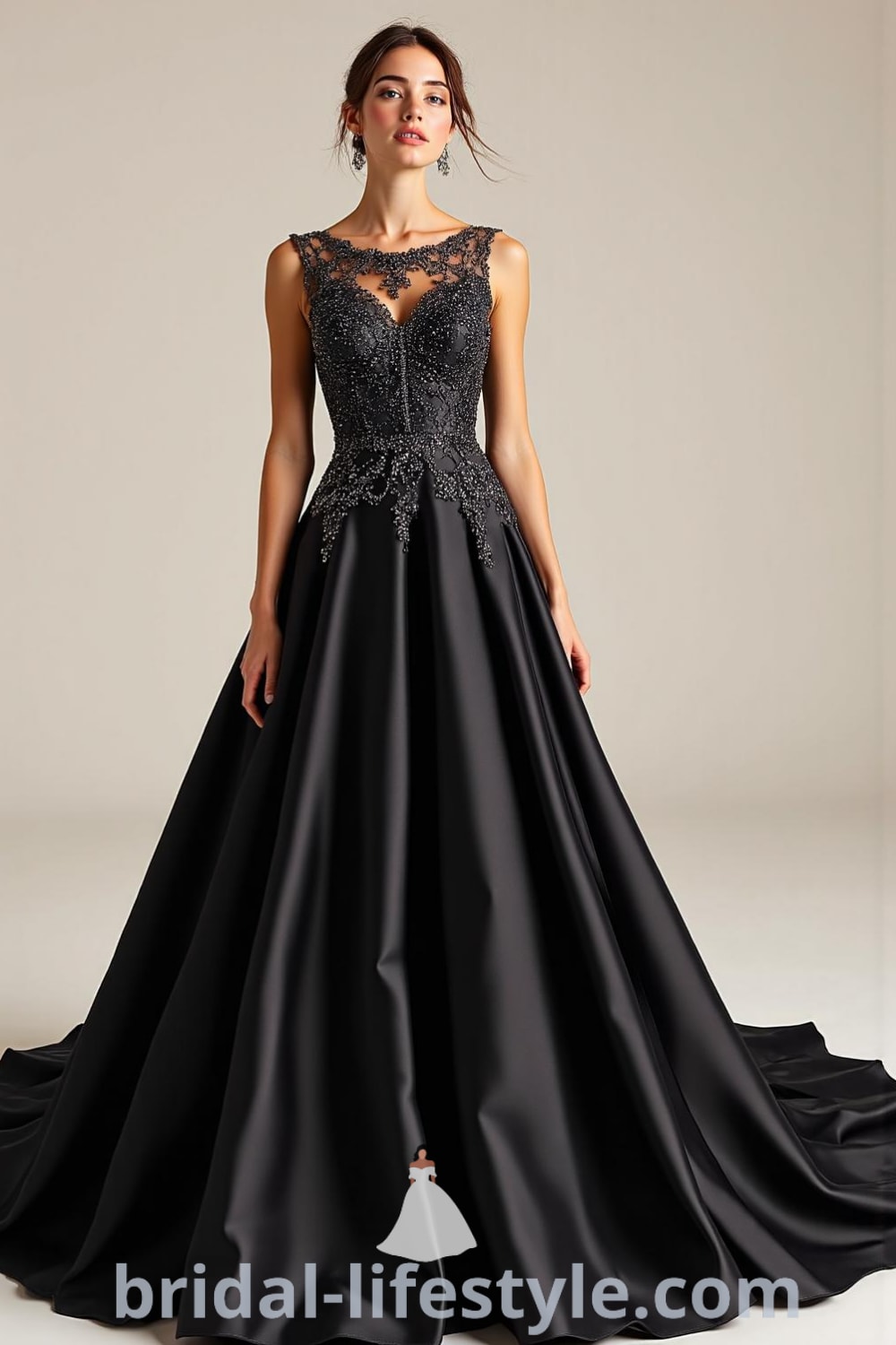 Elegant Princess Black wedding dress with rich black satin fabric, voluminous skirt, intricate lace bodice, delicate beadwork, and charm illusion lace back. bridal-lifestyle.com