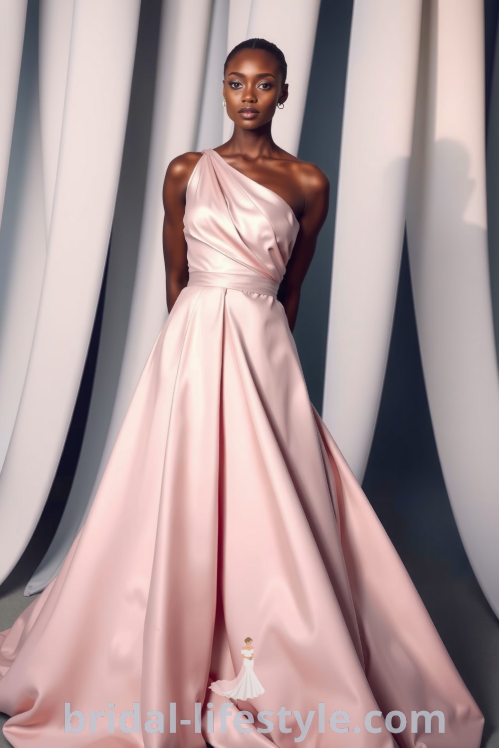 Elegant one-shoulder bridesmaid dress in luxurious satin with delicate ruching and a flowing skirt, enhancing silhouette and catching light beautifully. bridal-lifestyle.com