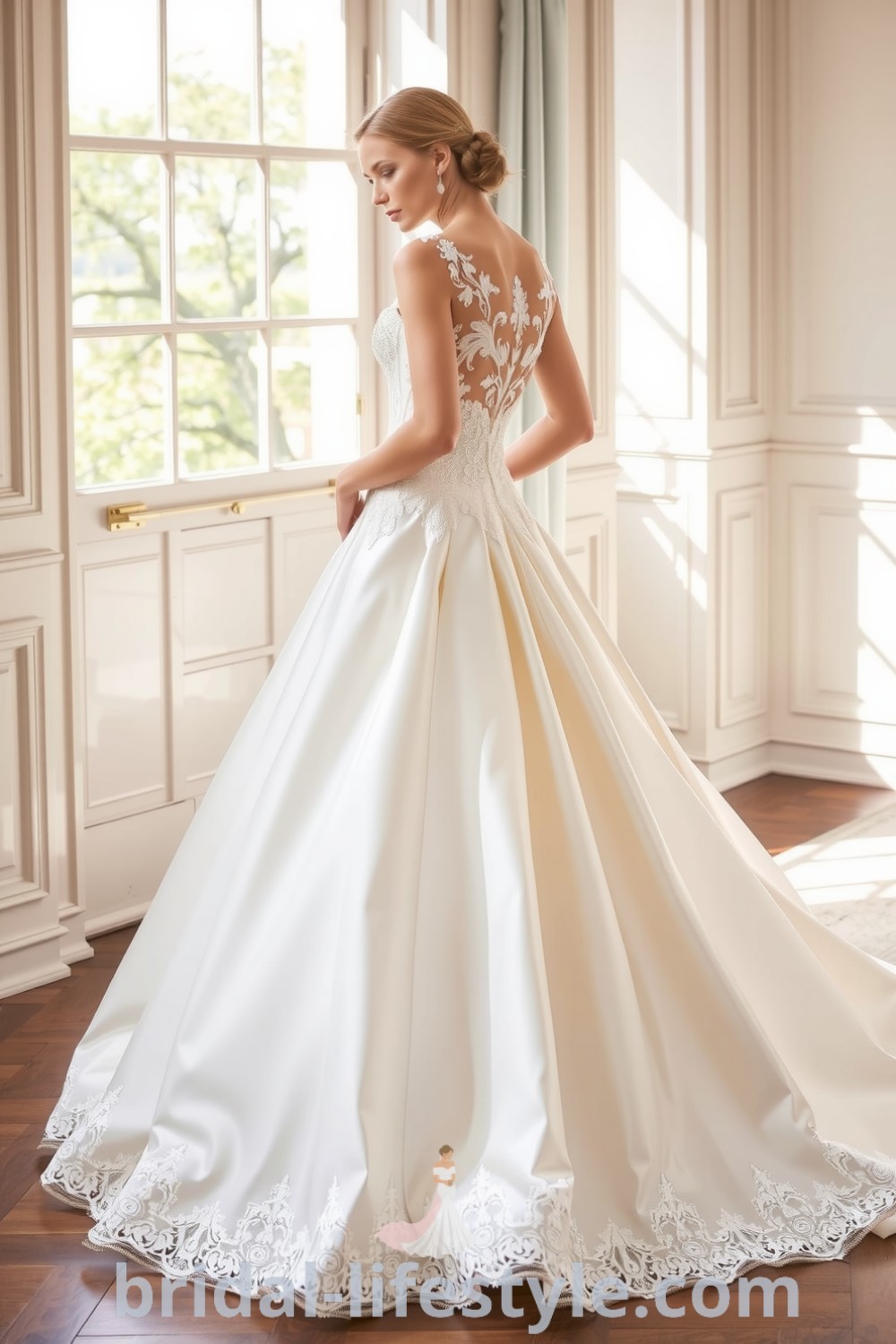Princess-style wedding dress with fitted bodice, intricate lace appliqués, and voluminous satin skirt, ideal for dreamy brides seeking elegance and charm for their special day. bridal-lifestyle.com