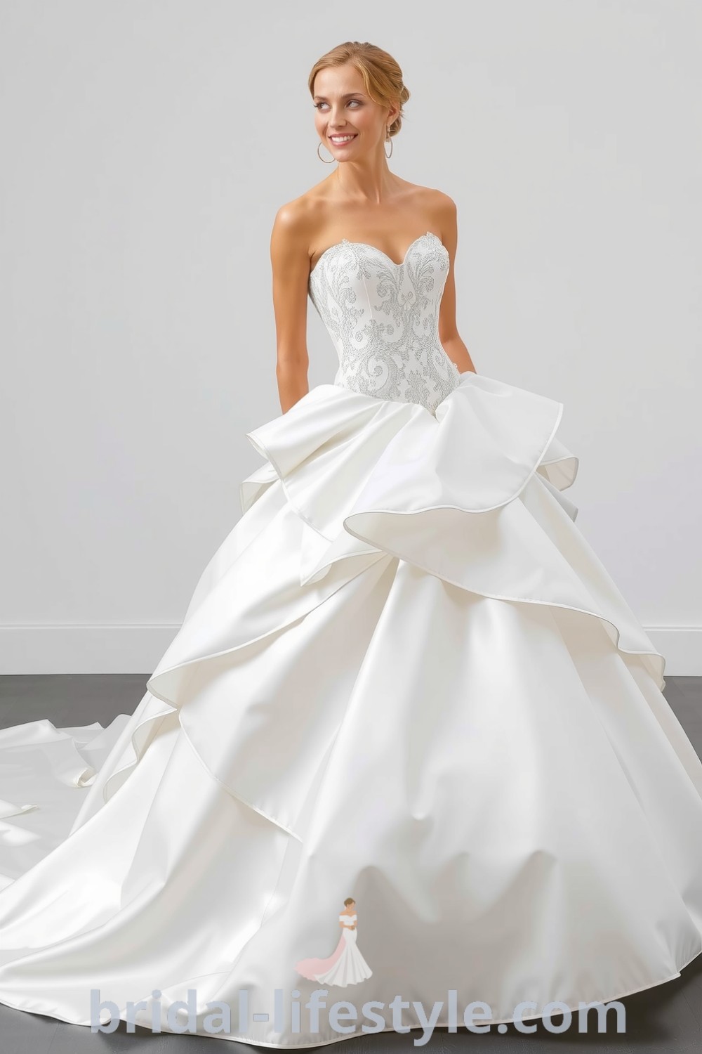 A stunning princess-style wedding dress featuring a fitted bodice, voluminous satin skirt with lace appliqués, and an ethereal train, epitomizing romantic elegance for every bride