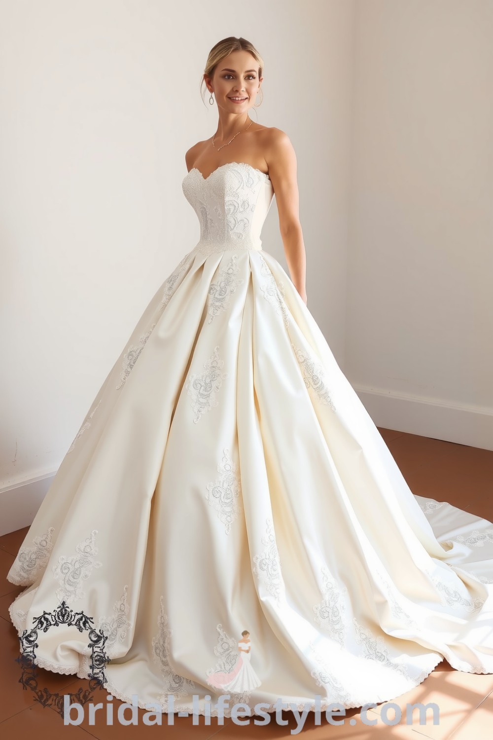 Elegant princess ballgown in luxurious silk satin with a voluminous skirt and delicate lace appliqués, featuring a sweetheart neckline for a romantic silhouette. bridal-lifestyle.com