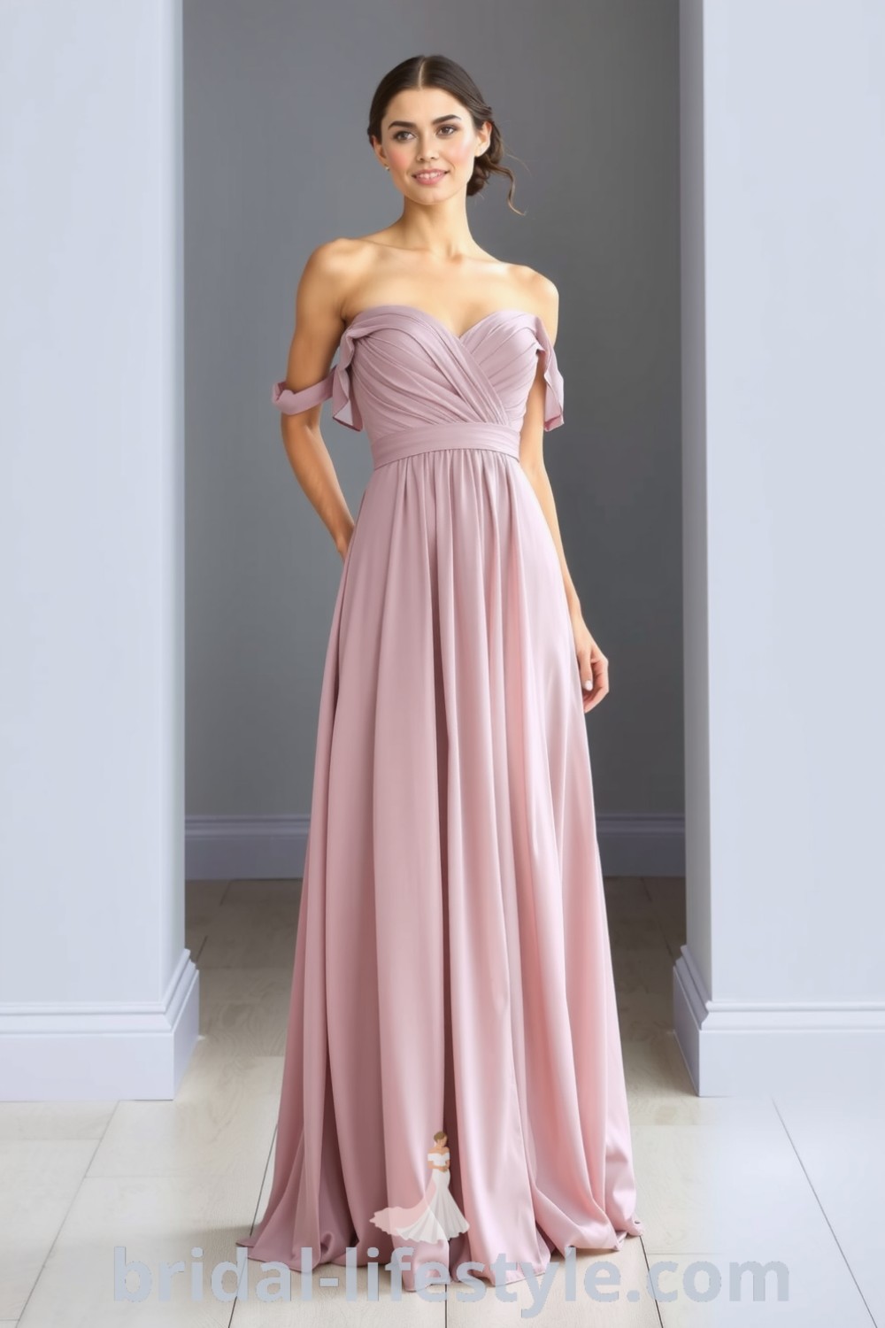 Elegant long chiffon A-line bridesmaid dress featured on bridal-lifestyle.com, showcasing a graceful silhouette and romantic details, perfect for dreamy brides and dresses of your dream for the special day.