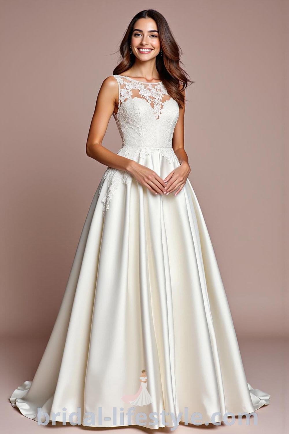 Elegant A-line wedding dress with boat neck, lustrous satin fabric, full skirt, lace appliqués, and delicate buttons on the back. bridal-lifestyle.com
