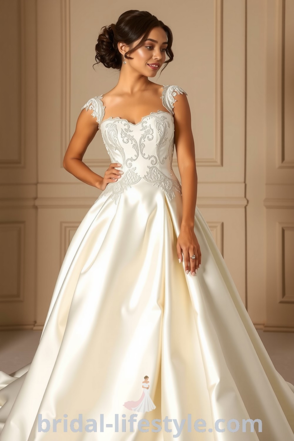 Elegant satin princess wedding dress with fitted bodice, intricate lace appliqués, voluminous skirt, and sweetheart neckline, perfect for dreamy brides. bridal-lifestyle.com