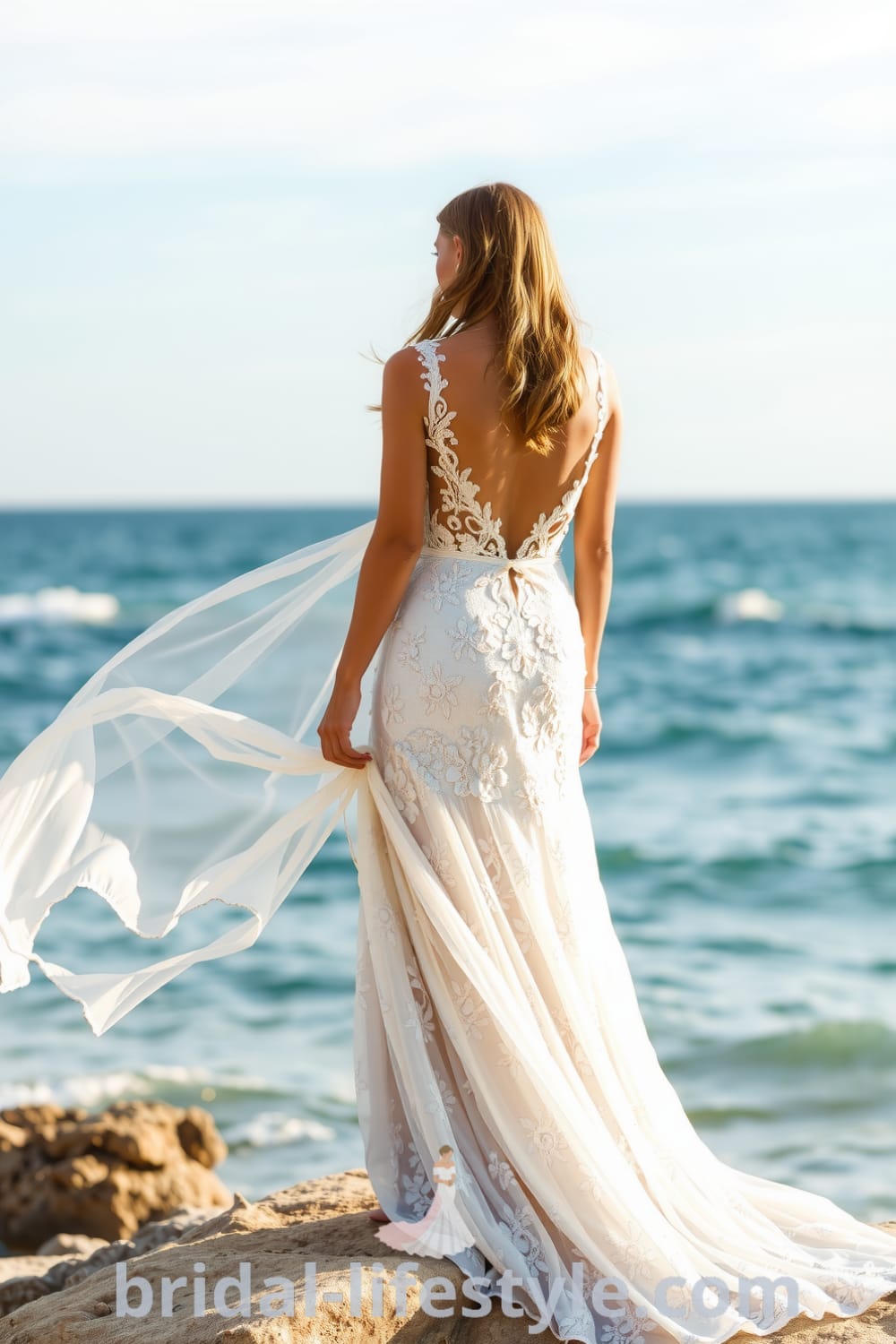 A beautiful boho beach wedding dress with a flowing A-line silhouette, intricate floral embroidery on the bodice, and an open back. The layered chiffon overlays create movement, perfect for a seaside ceremony. bridal-lifestyle.com