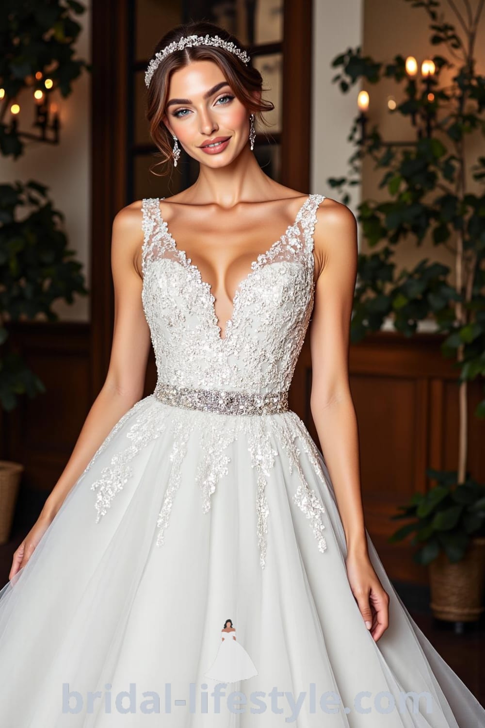 Princess Glitter wedding dress with structured corset bodice, full tulle skirt, shimmering sequins, and delicate lace appliqués. bridal-lifestyle.com
