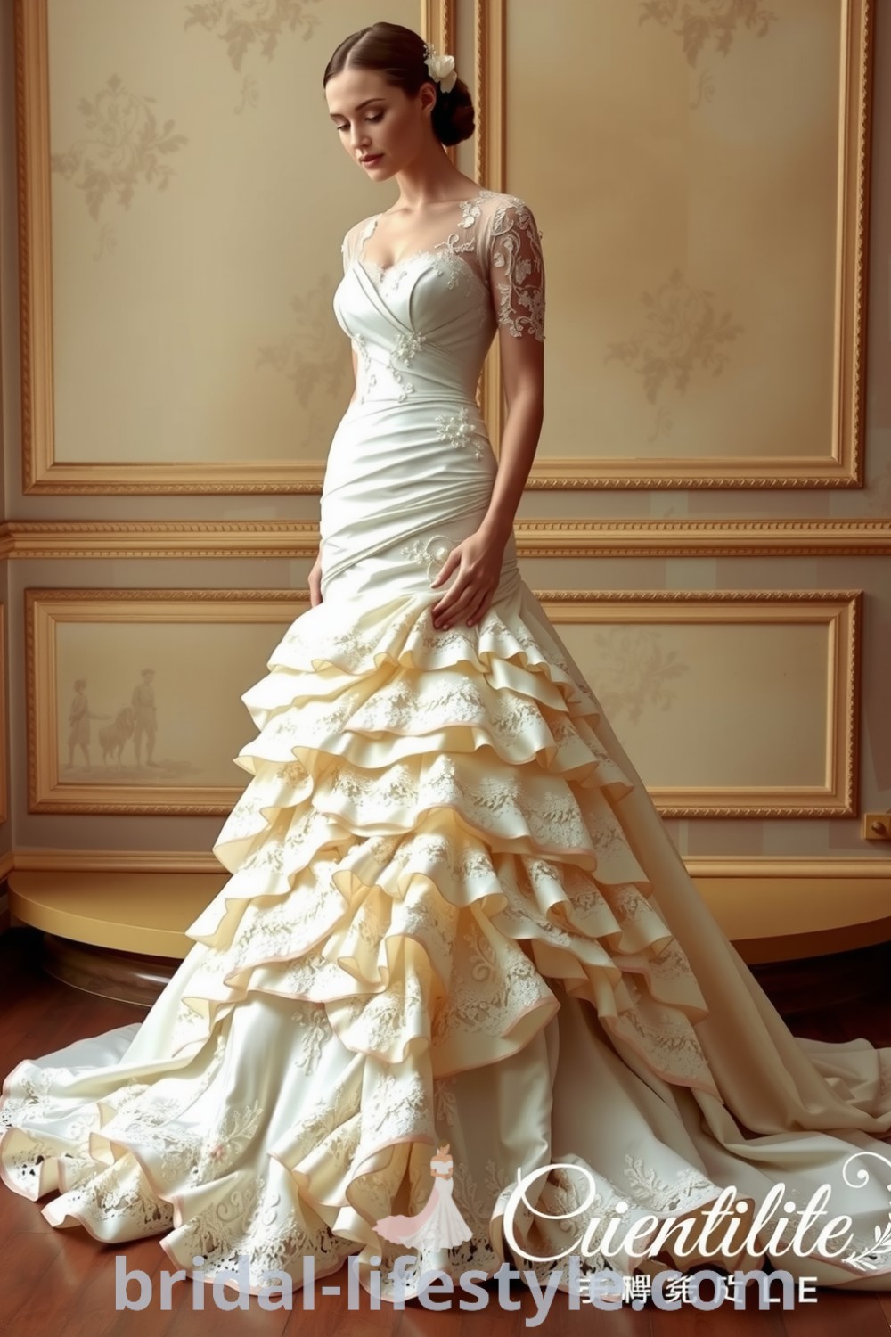 Victorian-inspired wedding dress with ivory satin, intricate lace, fitted bodice, cascading ruffles, and sweeping train, embellished with pearl details and floral appliqués for dreamy brides. bridal-lifestyle.com