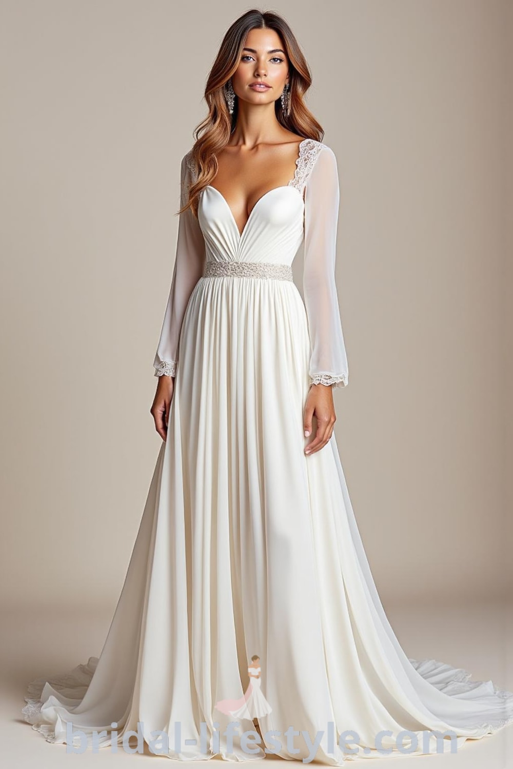 A-line wedding dress with satin bodice, flowing chiffon skirt, lace accents at the waist, and long draping sleeves, featuring a boat neckline and a soft train. bridal-lifestyle.com