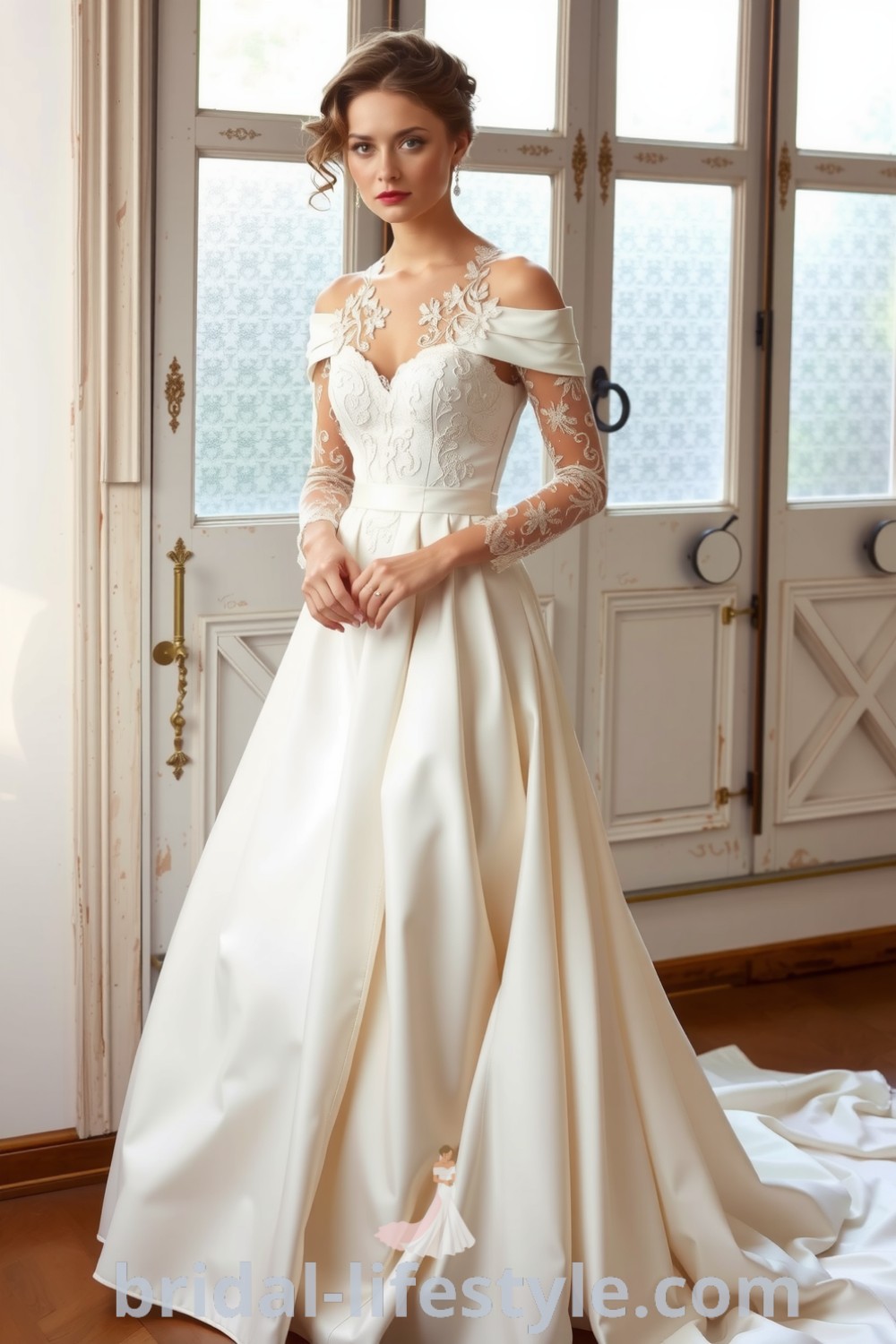 A Vintage Victorian wedding dress in rich ivory satin with intricate lace overlays, a voluminous skirt, and off-shoulder sheer lace sleeves, showcasing elegance for the special day. bridal-lifestyle.com