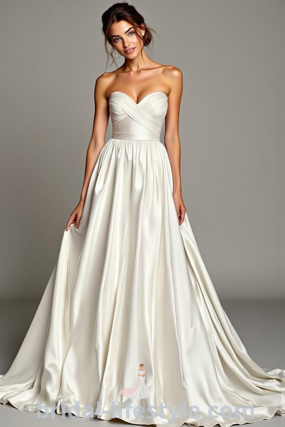 A-line satin wedding dress with a sweetheart neckline, delicate pleating on the bodice, and a flowing floor-length skirt that creates a soft silhouette. bridal-lifestyle.com