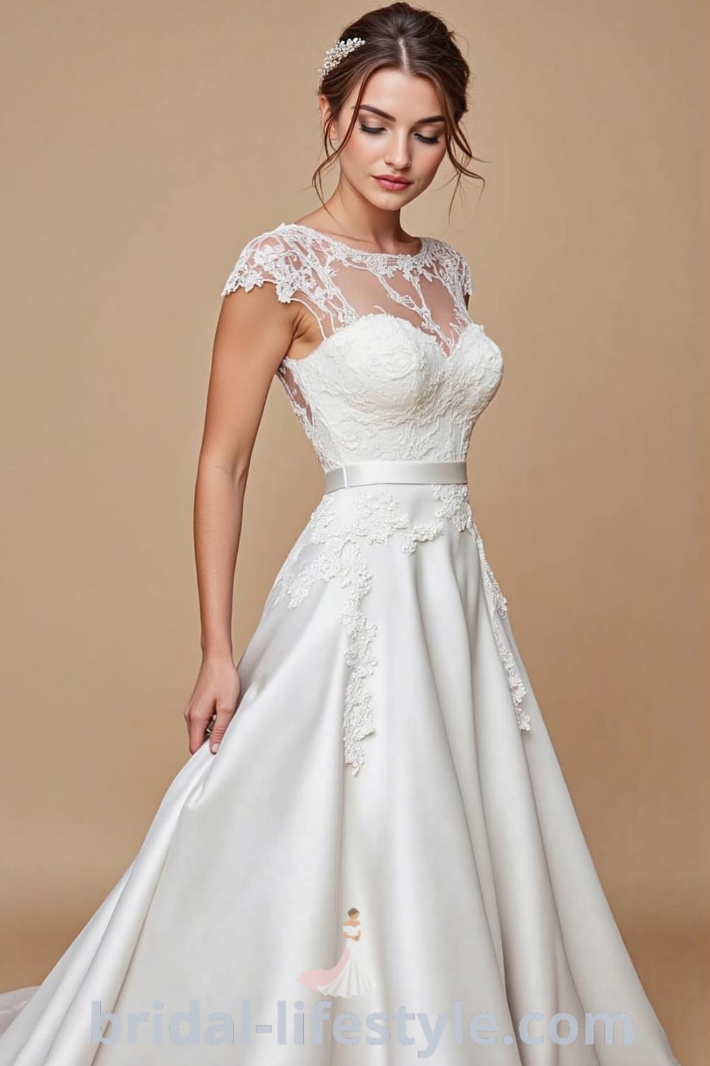 A-line wedding dress with lace cap sleeves, satin skirt, sweetheart neckline, floral appliqués, and silk sash, designed for an elegant bridal look. bridal-lifestyle.com