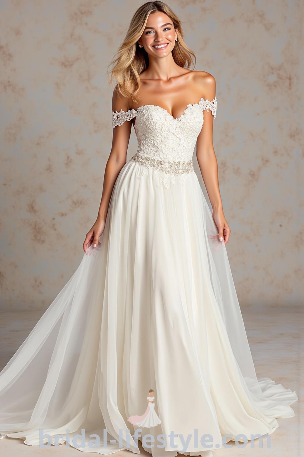 A-line wedding dress with off-the-shoulder design, luxurious satin fabric, flowing skirt, and intricate lace appliqués on the bodice. bridal-lifestyle.com