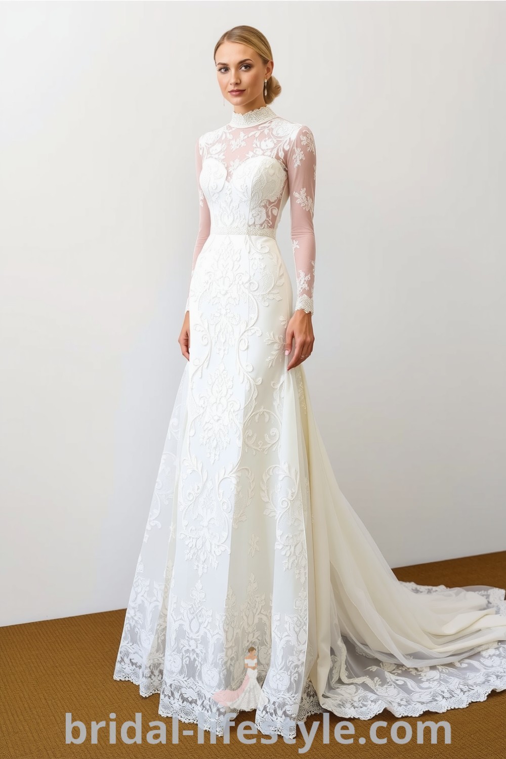 Vintage lace wedding dress with A-line silhouette, intricate floral patterns, long sheer lace sleeves, and a high neckline. bridal-lifestyle.com