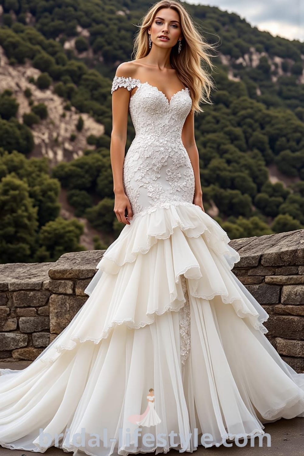A stunning mermaid wedding dress made of luxurious satin with lace appliqués and a dramatic train, featuring a detachable tulle overlay for versatility. bridal-lifestyle.com